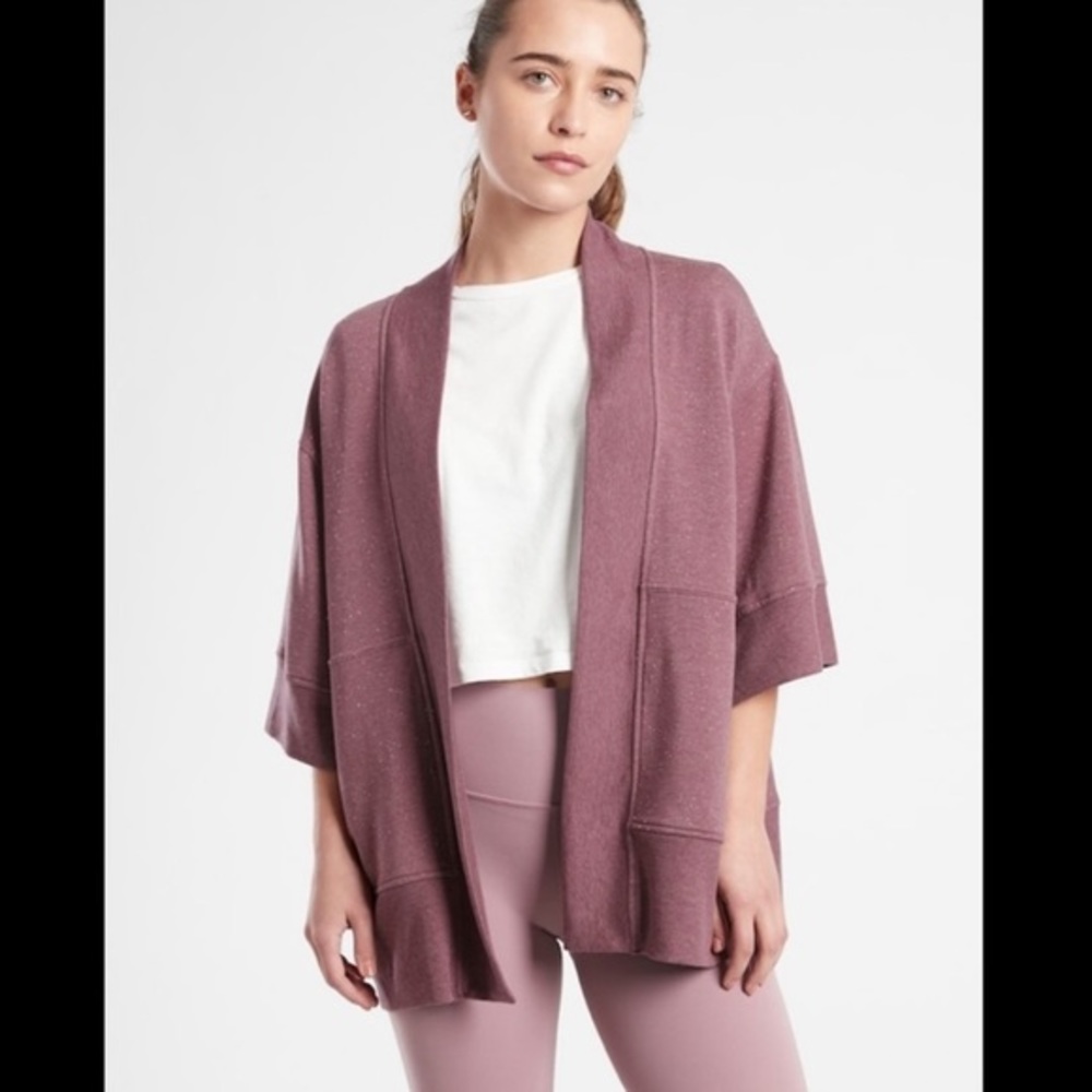 Athleta Textured purple short sleeve cardigan top S/M